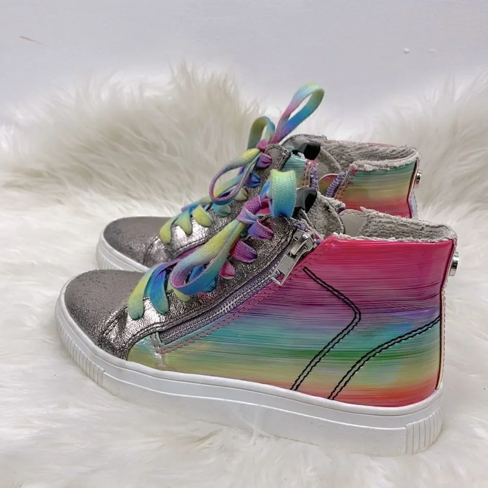 Steve Madden | Holographic high top sneakers 3.0 rainbow laces.